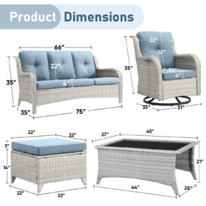 Wicker Outdoor Conversation Set-6 Pieces Outdoor Wicker High Back Couch with Swivel Rocker Chairs Patio Furniture for Deck Poolside Backyard-Light Grey/Light Blue