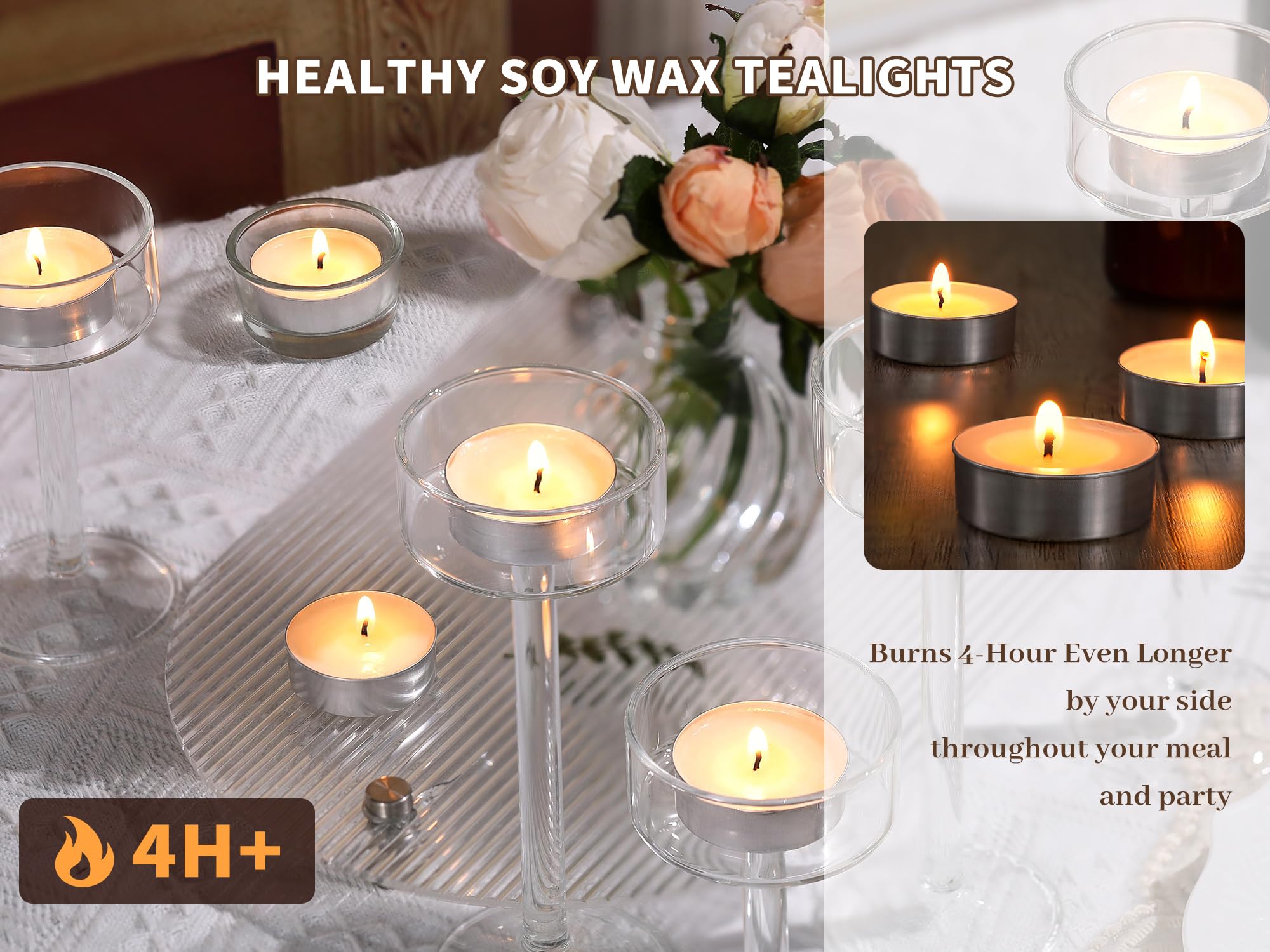 Soy Tealight Candles | 50 Pack | 4 Hours - 100% Natural Soy Wax Tea Candles | Paraffin-Free, Unscented Tealights Small Candles in Bulk, Long Burning Tea Lights Candles for Shabbat, Home, Wedding