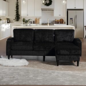 XUWANSHANG 77.36" Modular Sectional Sofa Couch, Chenille Fabric L Shaped Sectional Couches 3 Seater Couches with Storage Ottoman Cup Holders Side Pockets for Small Spaces Living Room Office, Black