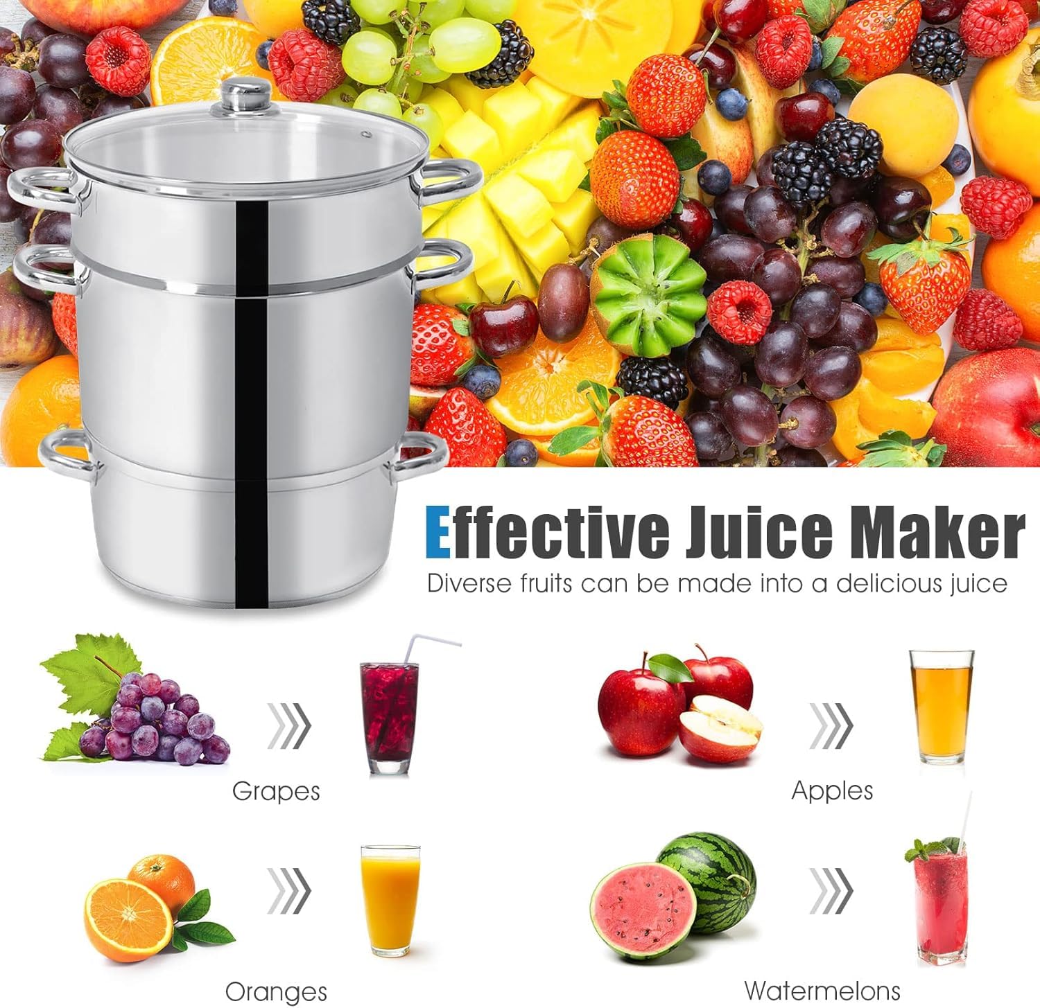 LDAILY 11 Quart Steam Juicer, 3-Layer Steam Juice Extractor, Fruit Vegetable Steamer w/Tempered Glass Lid, Hose, Clamp, Loop Handles, Stainless Steel Steamer Pot Cookware for Making Juice/Jelly/Pasta