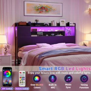 Unikito Headboard for Full Size Bed, Bookcase Style Head Board with Power Outlet and RGB LED Light, Reversible Headboard with Storage, Height Adjustable, Sturdy and Stable, Full Size, Black