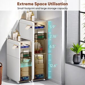 2 Tier Narrow Slim Bathroom Storage Cabinet, Skinny Plastic Bathroom Storage with Drawers& Toilet Paper Holder, Waterproof Movable Storage Organizer for Small Space, Kitchen, Laundry, Living Room