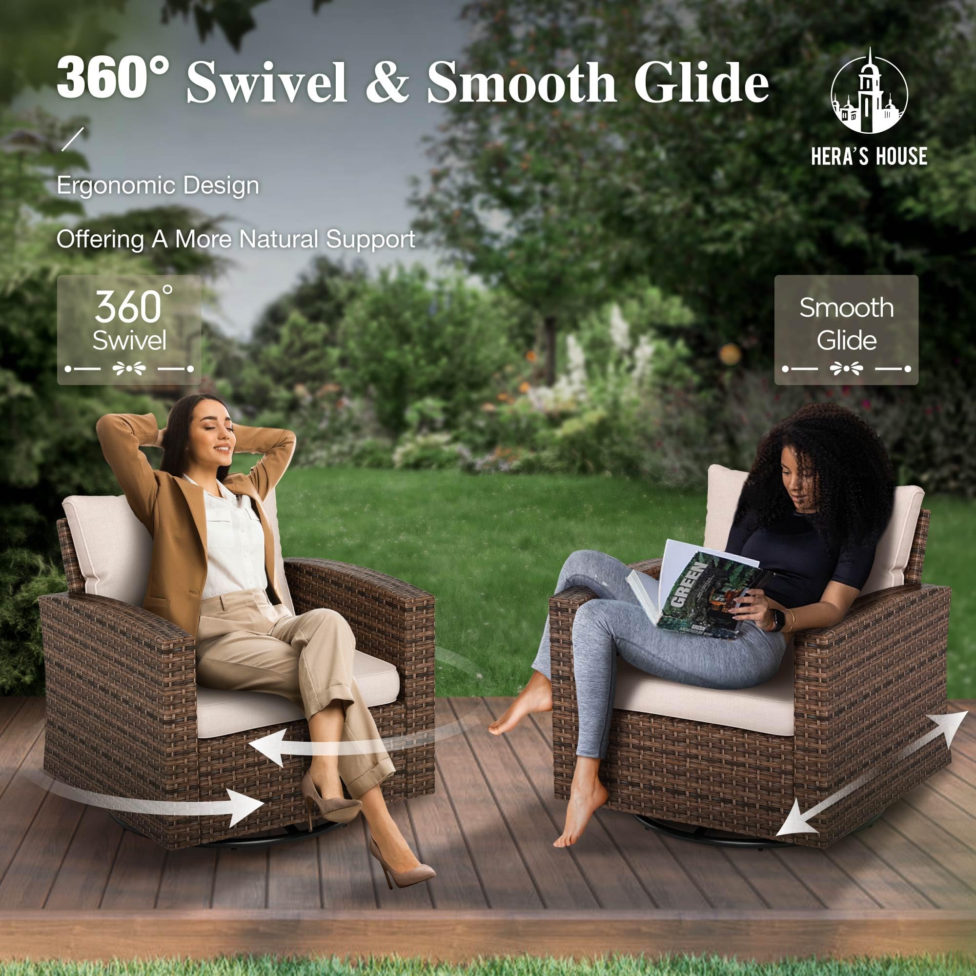 HERA'S HOUSE Patio Furniture Set with 56" Fire Pit Table, Swivel Rocker Chairs with Ottoman, Outdoor Wicker Conversation Set for Lawn Garden Deck Backyard, Beige