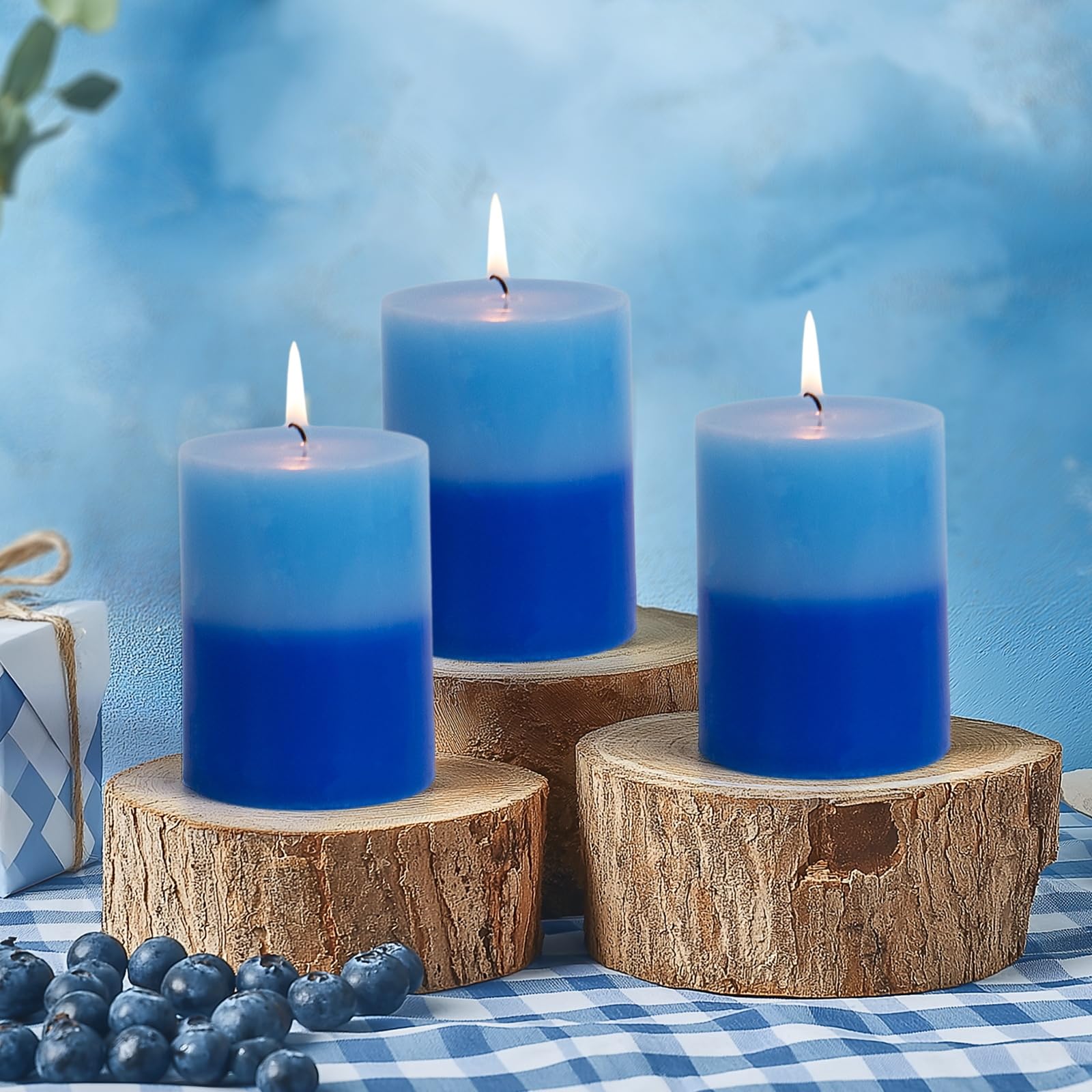 KONNI Blue Layered Pillar Candles Set of 3, 3"x 4" Unscented Pillar Candles Bulk, 39 Hours Long Burning Candles, Smokeless&Dripless Large Round Candle for Wedding, Home Decoration, Parties, Dinner