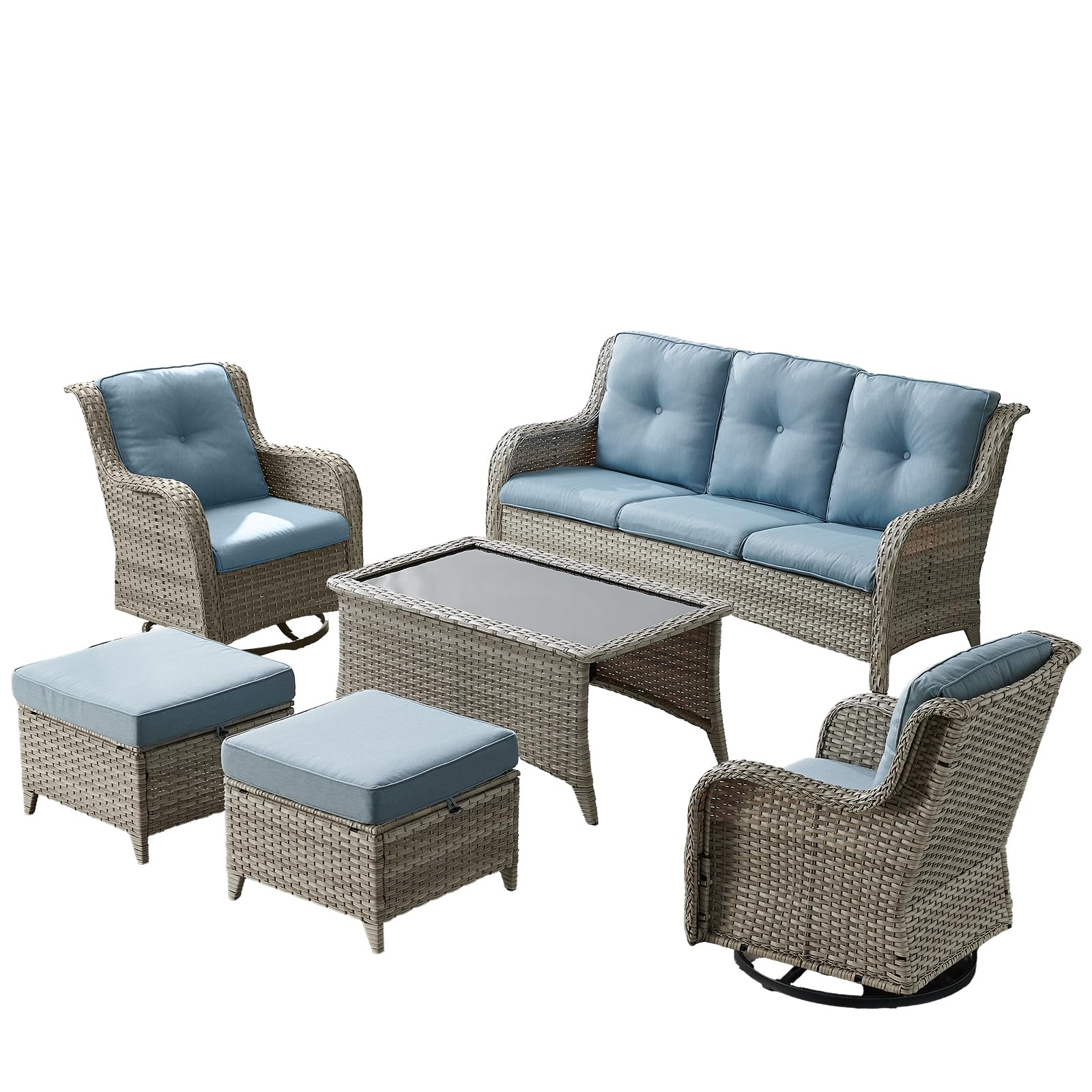 Wicker Outdoor Conversation Set-6 Pieces Outdoor Wicker High Back Couch with Swivel Rocker Chairs Patio Furniture for Deck Poolside Backyard-Light Grey/Light Blue