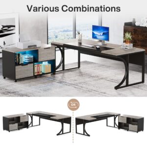 Tribesigns Large L Shaped Executive Desk and Mobile File Cabinet with Led Light Combo, 63 inch Computer Desk Office Desk Writing Desks Business Furniture Set for Home Office Workstation, Black Grey