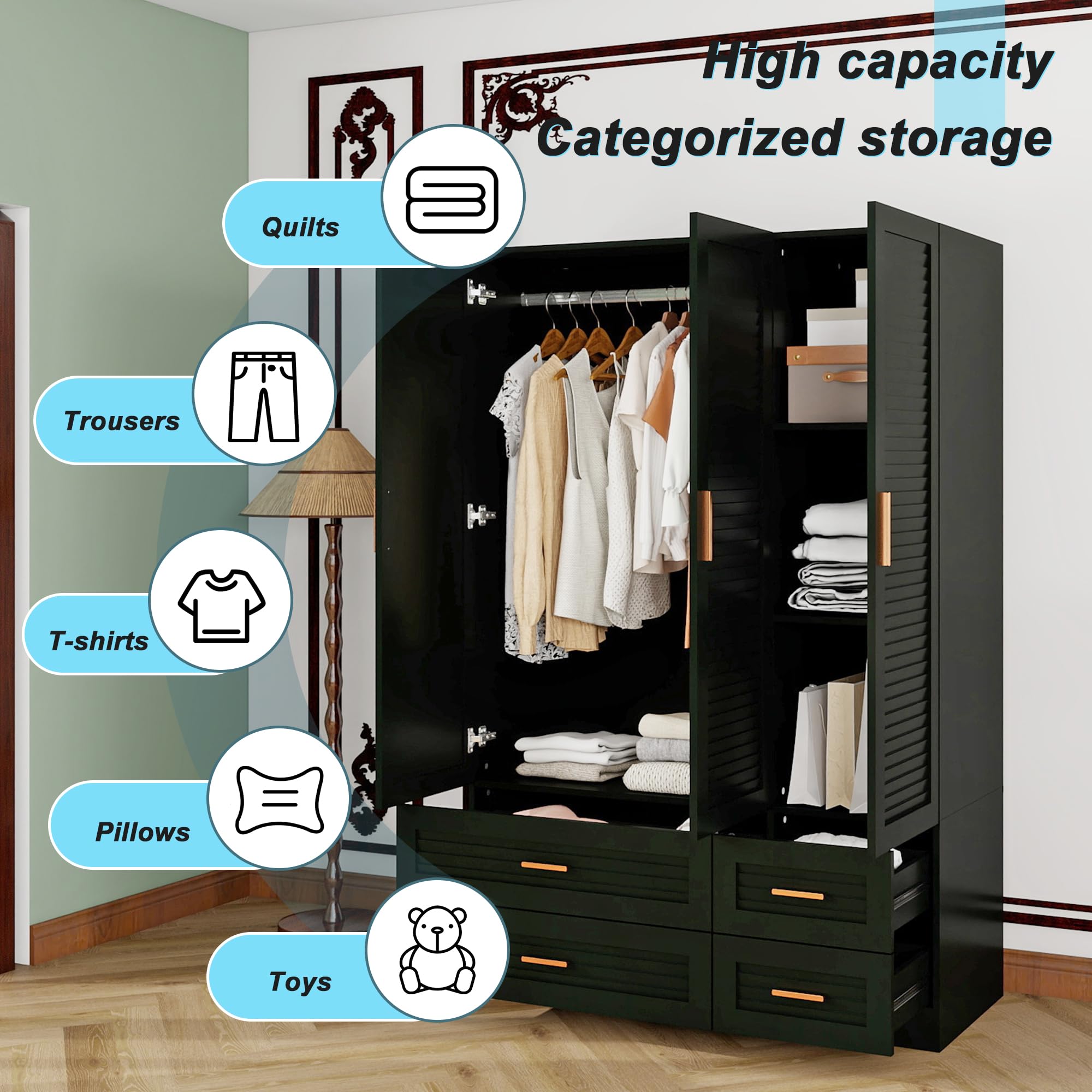 Keloyid Tall Armoire Wardrobe Closet with 4 Drawers, 3-Tier Shelves & Hanging Rod, 3 Louver Doors Wooden Closet Storage Cabinet for Bedroom, Black