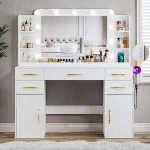 alexnutre makeup vanity desk with lights, large vanity desk with mirror and lights in 3 models, vanity with power outlet, vanity desk with 5 drawers, 2 cabinets, shelves, white vanity for bedroom