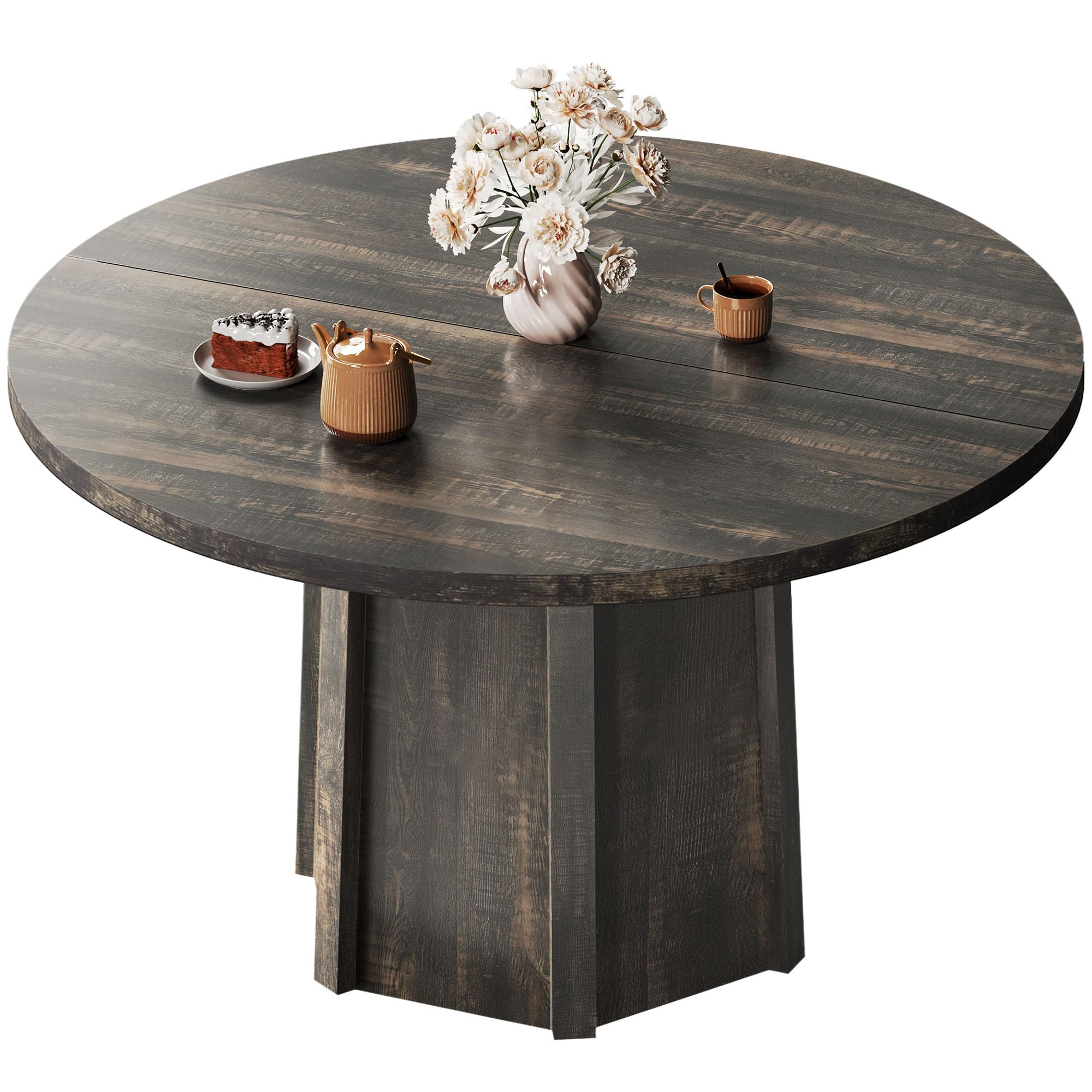 DWVO 47" Round Dining Table for 4-6 People Farmhouse Industrial Dinning Room Table with 1.18" Thickness Wood Grain Tabletop Rustic Circle Dining Table with Hexagonal Base for Eating Dinner