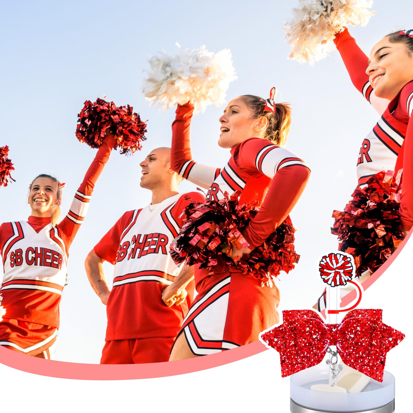 RimCereal 36 Pcs Cheerleading Tumbler Accessories, 12 Pcs 10 mm Straw Cover Straw Toppers, 12 Glitter Bows and 12 Cheerleaders Pendants Charms for Tumblers decor Cheerleading Gifts (Red)