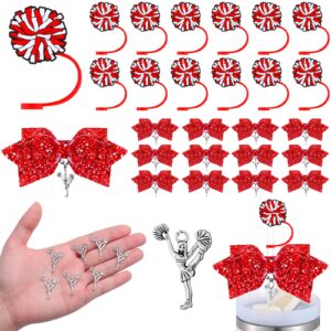 rimcereal 36 pcs cheerleading tumbler accessories, 12 pcs 10 mm straw cover straw toppers, 12 glitter bows and 12 cheerleaders pendants charms for tumblers decor cheerleading gifts (red)