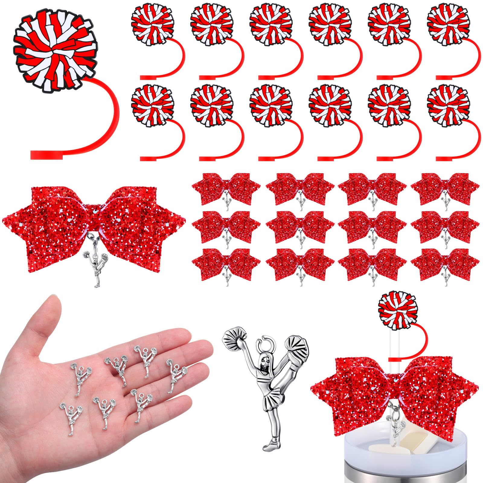 RimCereal 36 Pcs Cheerleading Tumbler Accessories, 12 Pcs 10 mm Straw Cover Straw Toppers, 12 Glitter Bows and 12 Cheerleaders Pendants Charms for Tumblers decor Cheerleading Gifts (Red)