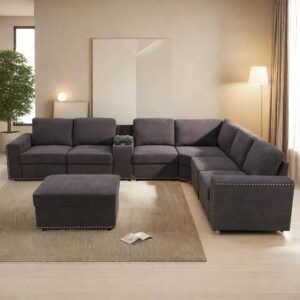 glasflength sectional sofa couches for living room with ottoman, nail-head design linen right facing u-shaped modern couches with cup holder for bedroom, office