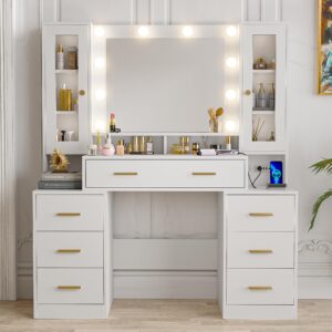 elifine vanity desk with mirror and lights & charging station, makeup vanity mirror with 3 colors lighting adjustable brightness, large dressing table with nightstand, 7 drawers & 2 cabinets