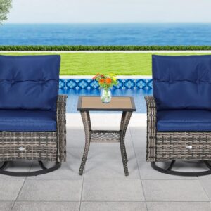 YITAHOME 3 Piece Patio Outdoor Swivel Glider Rocker Wicker Patio Bistro Rocking Set with Wood-Grain Table for Garden, Backyard and Balcony (Navy Blue)