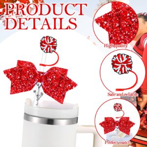 RimCereal 36 Pcs Cheerleading Tumbler Accessories, 12 Pcs 10 mm Straw Cover Straw Toppers, 12 Glitter Bows and 12 Cheerleaders Pendants Charms for Tumblers decor Cheerleading Gifts (Red)