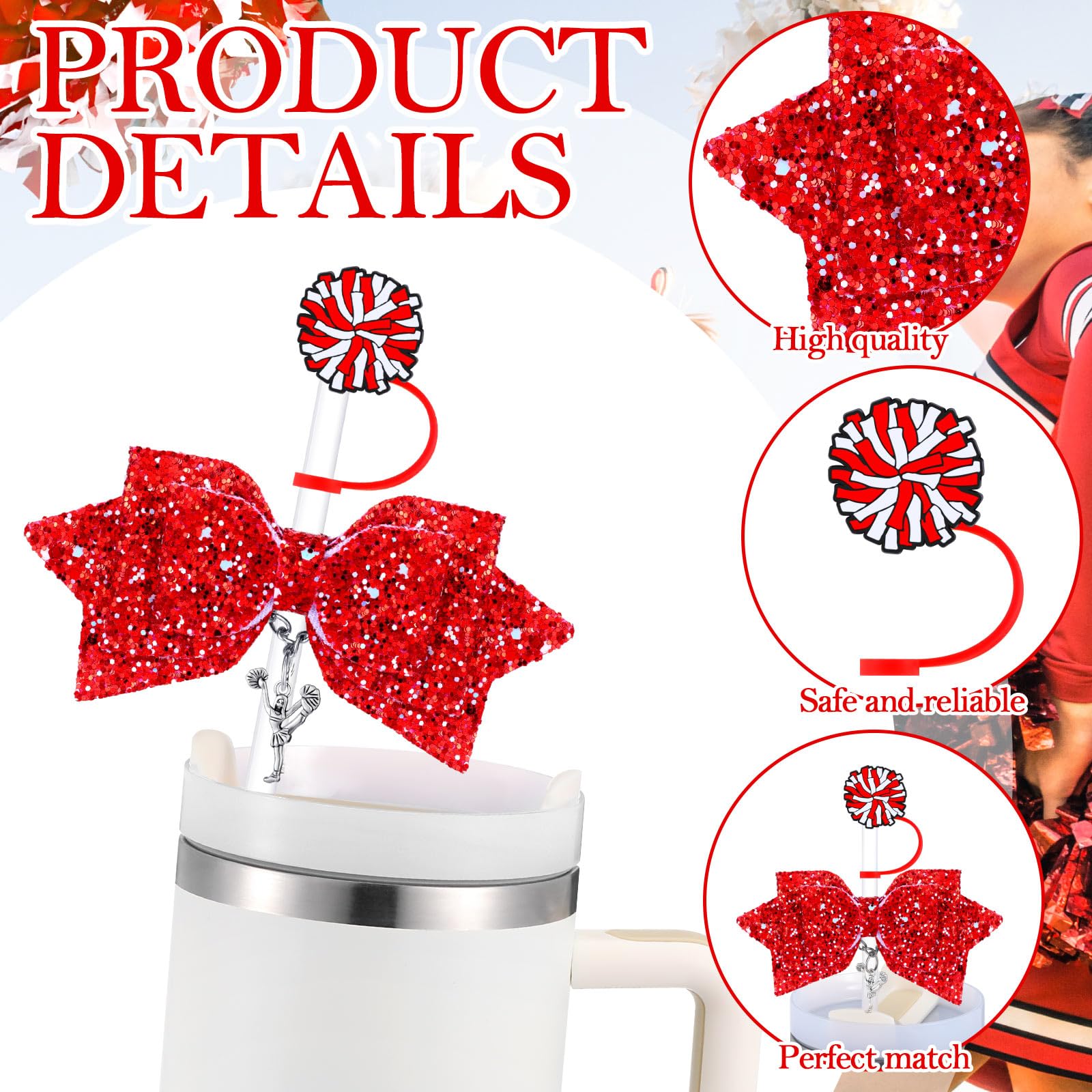 RimCereal 36 Pcs Cheerleading Tumbler Accessories, 12 Pcs 10 mm Straw Cover Straw Toppers, 12 Glitter Bows and 12 Cheerleaders Pendants Charms for Tumblers decor Cheerleading Gifts (Red)