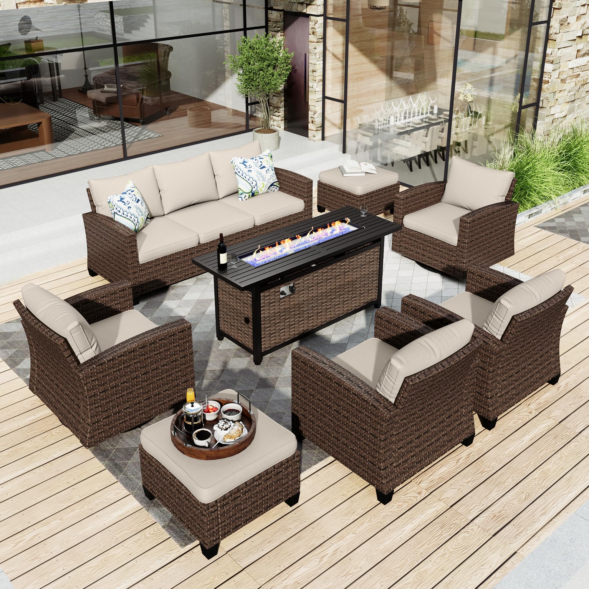 HERA'S HOUSE Patio Furniture Set with 56" Fire Pit Table, Swivel Rocker Chairs with Ottoman, Outdoor Wicker Conversation Set for Lawn Garden Deck Backyard, Beige