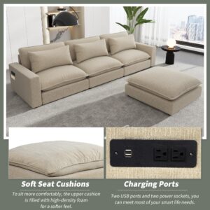 Merax 128" Sectional Sofa with Movable Ottoman and Soft Back Pillows, 4 Seat Sleeper Cloud Couch Set, L Shaped Convertible Chenille Upholstered SofaBed for Living Room, Apartments, Beige