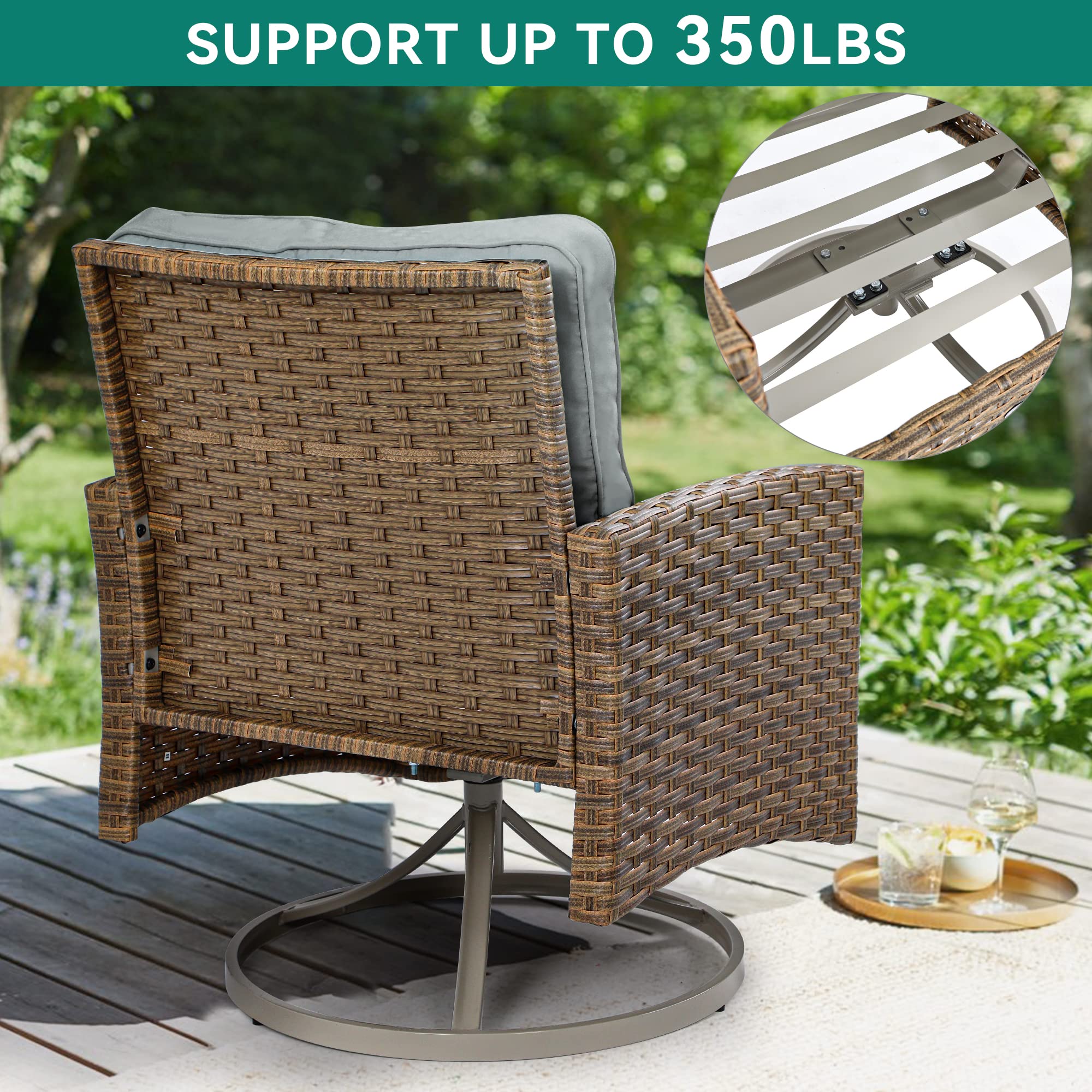 YITAHOME 3 Pieces Patio Furniture Outdoor Rocking Chair Bistro Set, Wicker Rocking Conversation Chairs with Cushions and Side Table for Garden, Backyard and Balcony, Tan Chairs and Dark Gray Cushions