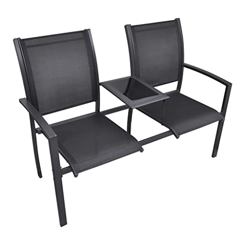 EVERSTRO 2 Seater Patio Bench 51.6" Steel and Textilene Black,Contemporary Double Outdoor Patio Chair with GlassTop Shelf in Black Garden Furniture, Outdoor Seating