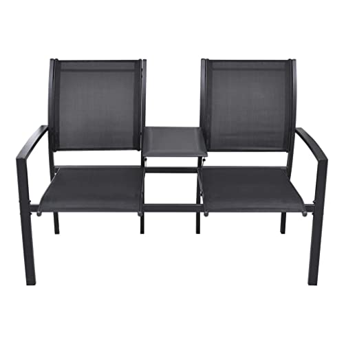 EVERSTRO 2 Seater Patio Bench 51.6" Steel and Textilene Black,Contemporary Double Outdoor Patio Chair with GlassTop Shelf in Black Garden Furniture, Outdoor Seating