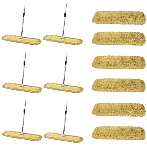 24 Inch Yellow Dust Mop with Metal Handle and 24 Inch Dust Mop Refill Bundle - 6 Mop Sets and 6 Refills