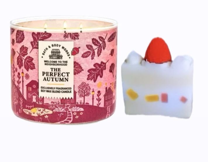 The Perfect Autumn - White BarnBath/Body Works -3-Wick Scented Candle 14.5 OZ Burns 25-45 Hours and Strawberry Cake soap