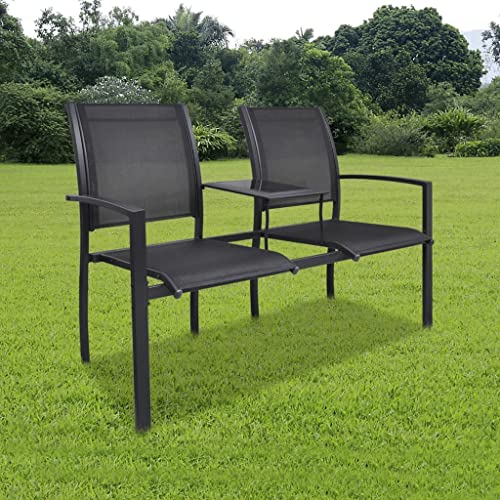 EVERSTRO 2 Seater Patio Bench 51.6" Steel and Textilene Black,Contemporary Double Outdoor Patio Chair with GlassTop Shelf in Black Garden Furniture, Outdoor Seating