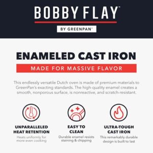 GreenPan x Bobby Flay 5.5QT Enameled Cast Iron Round Dutch Oven with Lid, Dual Handles, Oven Safe to 500F & Induction Suitable, Self Basting Lid, Ultra-Durable, Sear, Braising, Bread, Stews, Cobalt