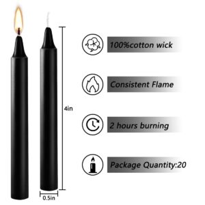 4 Inch Smokeless Black Taper Candles, Pack of 20, Long-Lasting Lighting Options for Dinners, Parties, Ceremonies and Shabbat, Burns 1.5 Hours Each