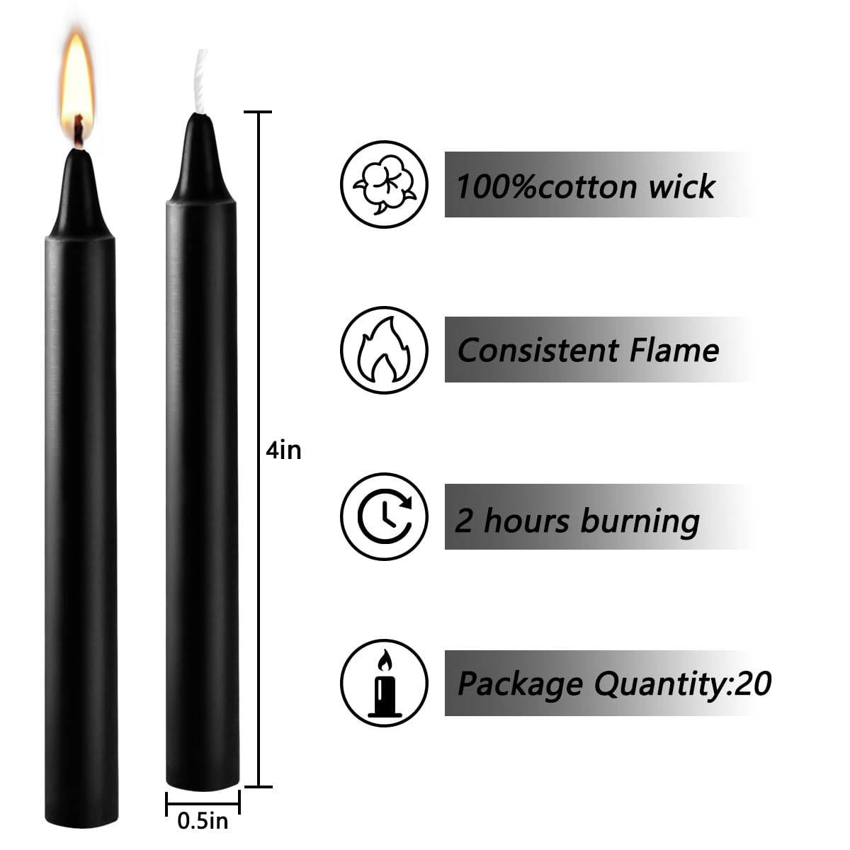 4 Inch Smokeless Black Taper Candles, Pack of 20, Long-Lasting Lighting Options for Dinners, Parties, Ceremonies and Shabbat, Burns 1.5 Hours Each