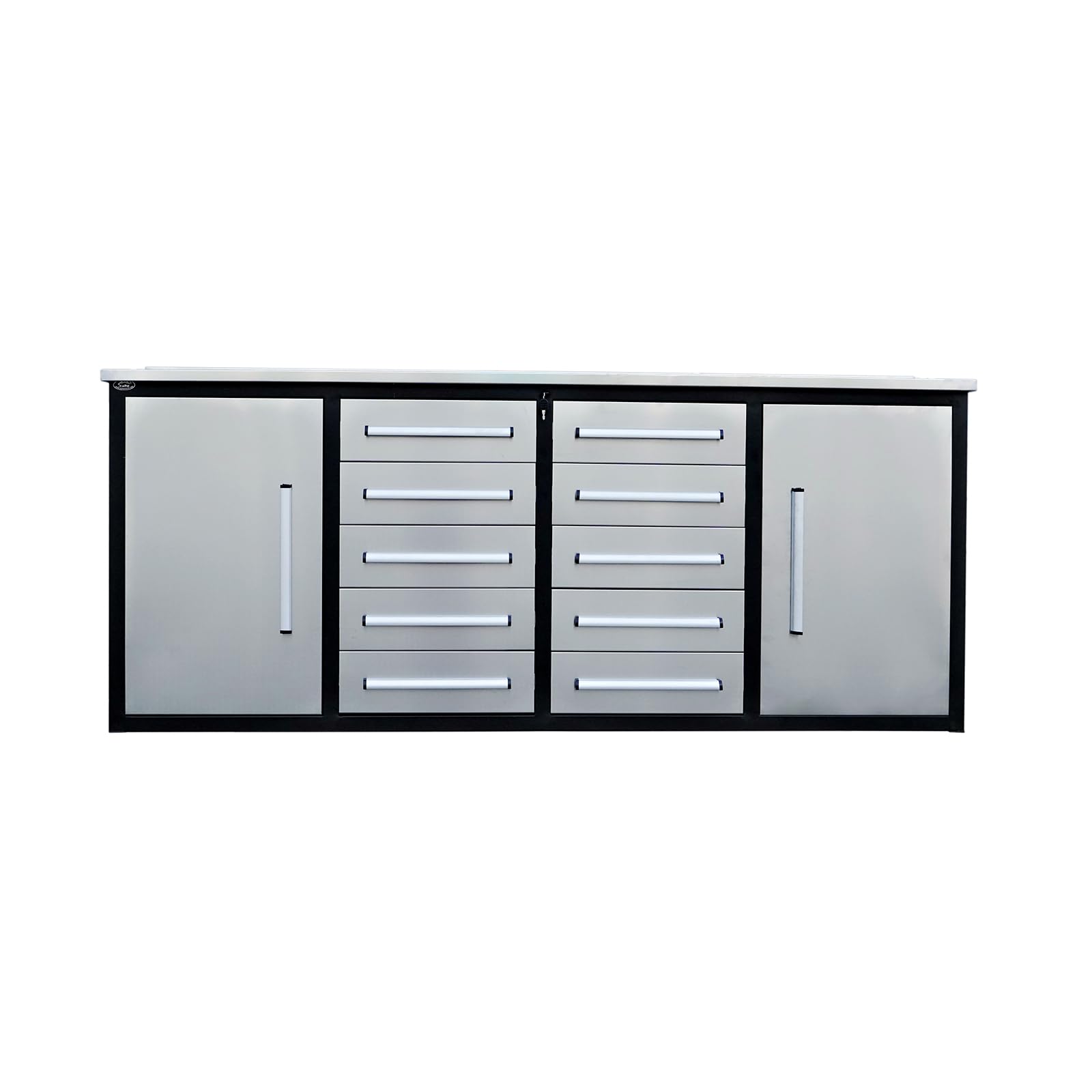 TTBKA 7' Storage Cabinet with Workbench, 10 Drawers, 2 Cabinets, Locks & Sliding Rails, Size:87.8" L x 23.62" W x 38.19" H (Silver)