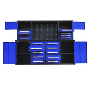 TTBKA 7' Garage Storage Cabinet with Workbench 18 Drawers, 4 Cabinets, Pegboard Size:87" L x 23" W x 67" H (Blue)