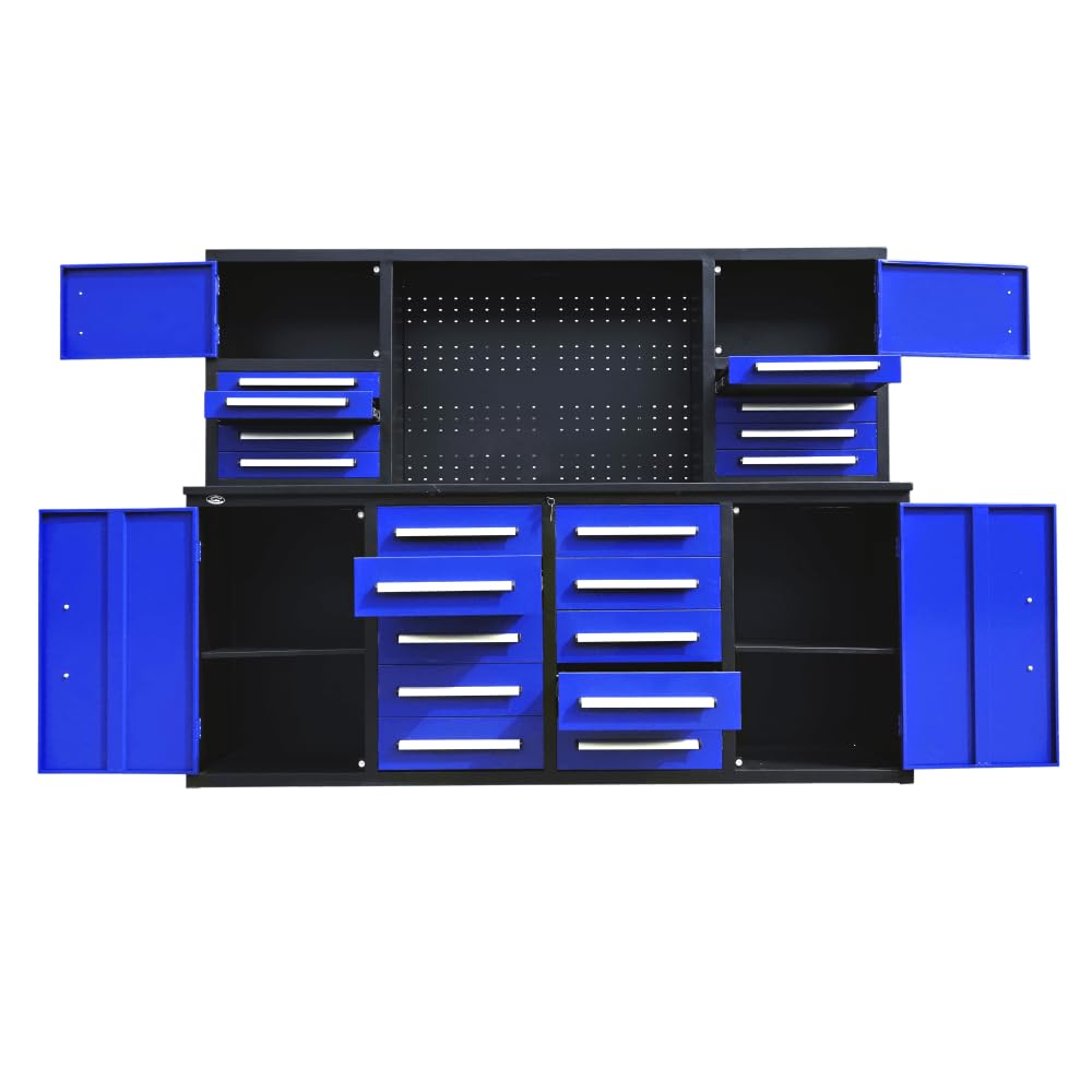 TTBKA 7' Garage Storage Cabinet with Workbench 18 Drawers, 4 Cabinets, Pegboard Size:87" L x 23" W x 67" H (Blue)