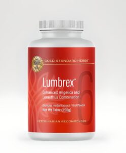 lumbrex joint pain and stiffness relief supplement for dogs by gold standard herbs, all natural angelica root and loranthus, 250 gram powder