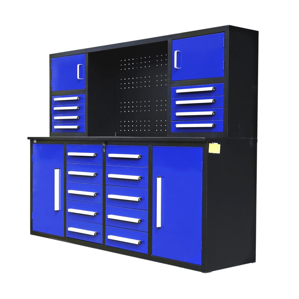 TTBKA 7' Garage Storage Cabinet with Workbench 18 Drawers, 4 Cabinets, Pegboard Size:87" L x 23" W x 67" H (Blue)