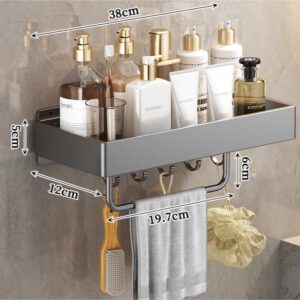 YISMAN Floating Shelves Wall Mounte,with Towel Bar and 5 Hooks, Storage Shelves Organizer for Bathroom, Kitchen, Balcony,Set of 2 (14.96 Grey)