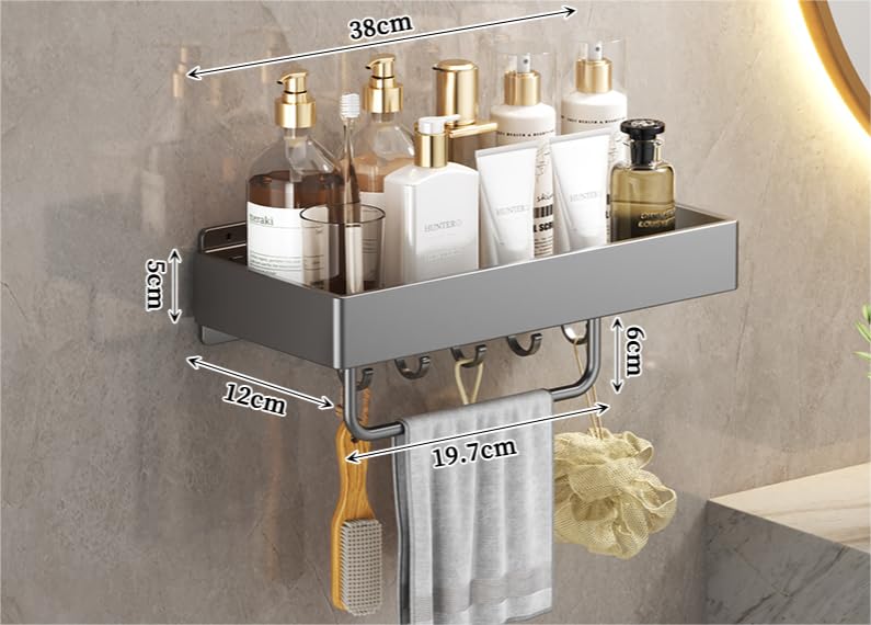 YISMAN Floating Shelves Wall Mounte,with Towel Bar and 5 Hooks, Storage Shelves Organizer for Bathroom, Kitchen, Balcony,Set of 2 (14.96 Grey)