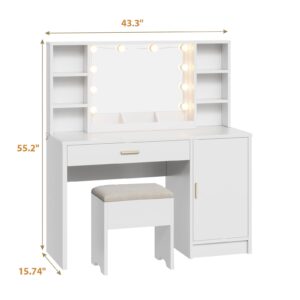 Vanity Desk with Mirror and Lights, 43'' Tabletop Makeup Vanity with Multiple Shelves & Large Cabinet, 3 Color Lighting Modes Adjustable Brightness, Makeup Table with Soft Cushioned Stool, White