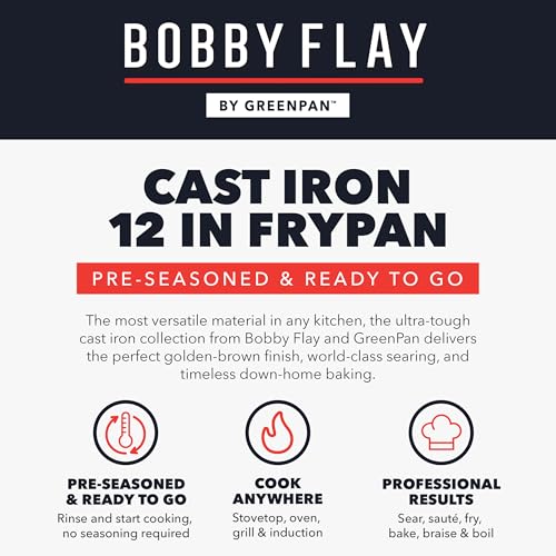 GreenPan x Bobby Flay 12” Cast Iron Pre-Seasoned Skillet with Helper Handle, Professional Grade Heavy Duty, Induction Suitable, Versatile Stovetop, Oven, BBQ, Fire & Grill, Indoor/Outdoor Use, Black