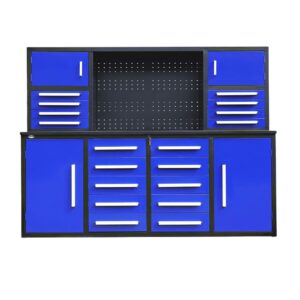 TTBKA 7' Garage Storage Cabinet with Workbench 18 Drawers, 4 Cabinets, Pegboard Size:87" L x 23" W x 67" H (Blue)