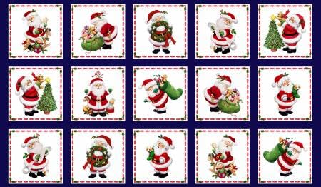 Cotton Fabric Christmas Santa Block Panel 24 x 44" - 4129MIDNIGHT 7 inch Square Blocks Cotton Fabric Panel