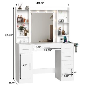 ISHARINGTIME Vanity Desk with Mirror and Lights, Makeup Vanity with Cabinet, Makeup Desk Vanity Table with 6 Drawers & Power Outlet, White Vanity 3 Lighting Modes Brightness Adjustable for Bedroom