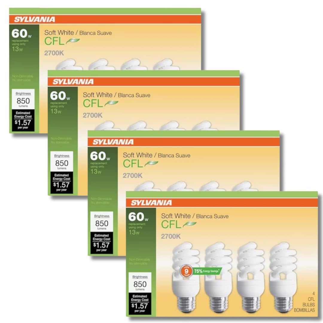 SYLVANIA CFL T2 Twist Light Bulb, 60W Equivalent, Efficient 13W, 850 Lumens, Medium Base, 2700K, Soft White - 4 Pack of 4 (16 Bulbs)