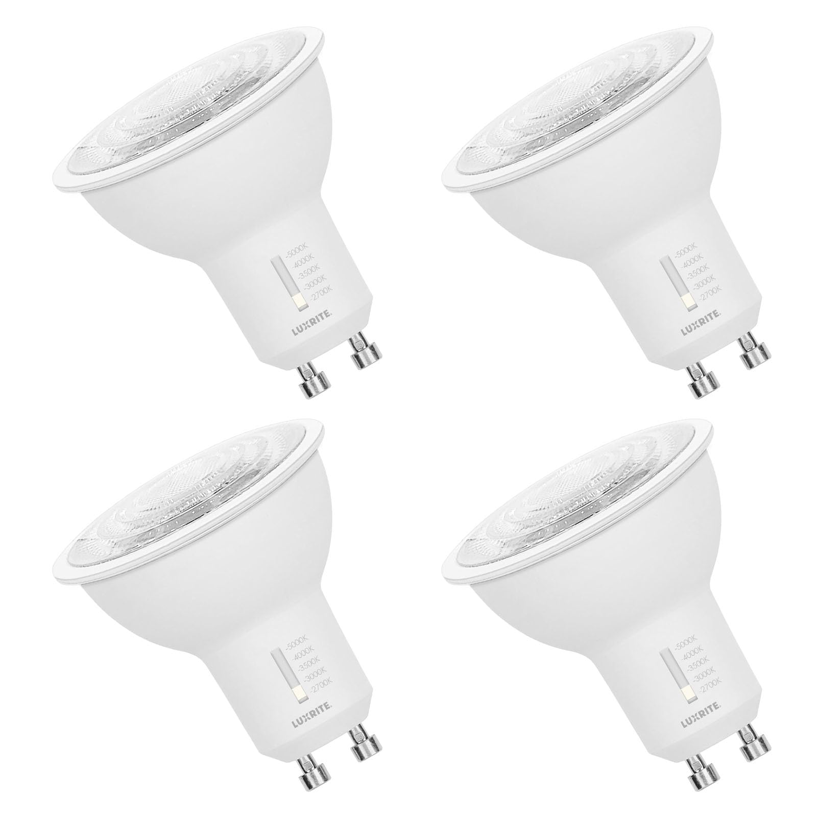 LUXRITE GU10 LED Bulbs Dimmable, 50W Halogen Equivalent, 5 Color Selectable 2700K-5000K, 6.5 Watt, 500 Lumens, 120V Spotlight LED Bulb GU10, Enclosed Fixture Rated (4 Pack)