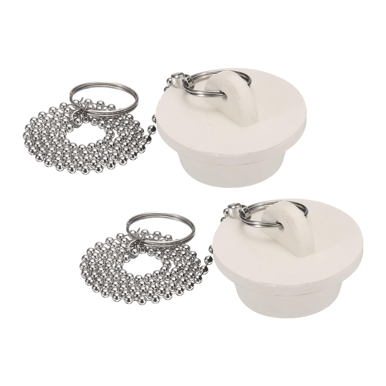 uxcell 2Pcs Tub Stoppers, Rubber Bathtub Stoppers 1-1/4" Kitchen Sink Drain Stopper, Bathroom Drain Plug with Pull Ring and 15" Stainless Steel Beaded Chain, White