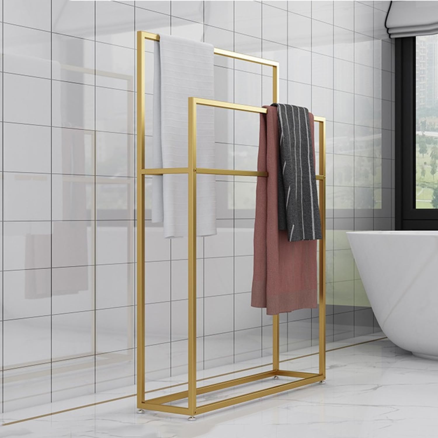 Gold Towel Holder Stand for Bathroom Floor, Stand Alone Towel Hanger Bath Towel Rack 2 Arms Towel Bars, Metal Towel Shelf for Pool Area Outside Bedroom Kitchen Bathroom(Gold, 75 x 20 x 110 cm)