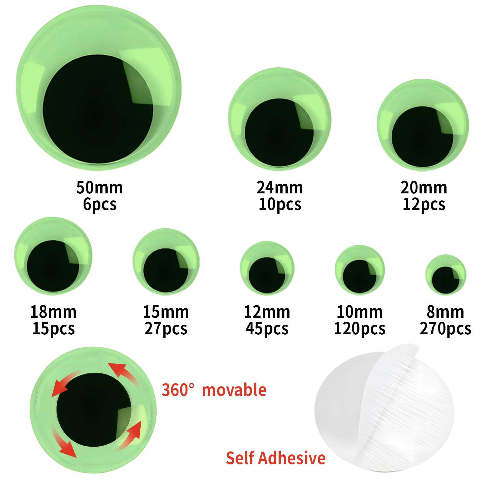 fulasiteu 505pcs Googly Eyes Self Adhesive, Glow in The Dark Wiggle Googly Eyes, 8mm to 50mm Plastic Green Sticker Luminous Eyes for DIY Crafts Scrapbooking Decoration