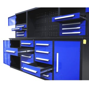 TTBKA 7' Garage Storage Cabinet with Workbench 18 Drawers, 4 Cabinets, Pegboard Size:87" L x 23" W x 67" H (Blue)